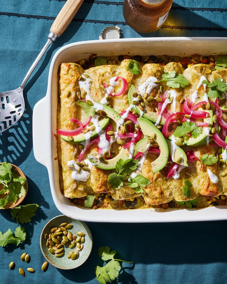 black bean enchiladas in a pan