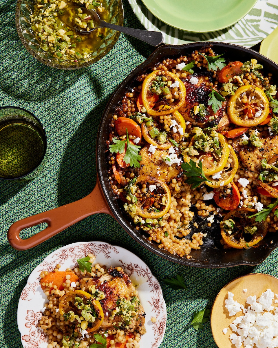 chicken couscous in a skillet and on a plate