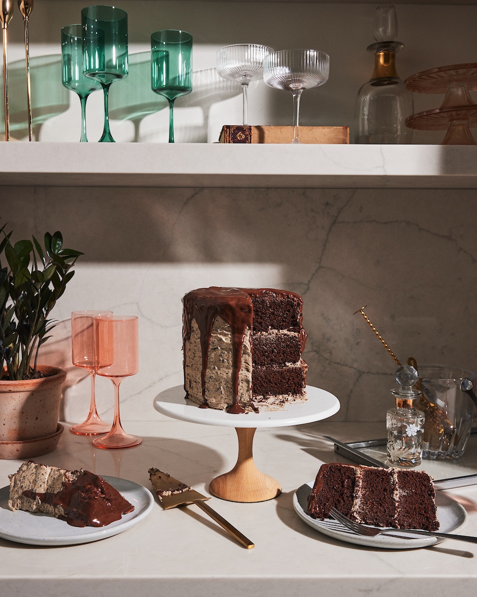 oreo cake on a stand and on a plate