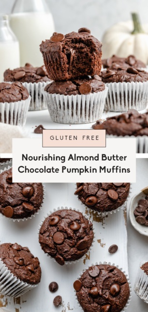 collage of gluten free almond butter chocolate pumpkin muffins