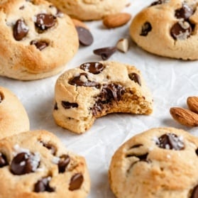 grain free almond flour chocolate chip cookie with a bite taken out