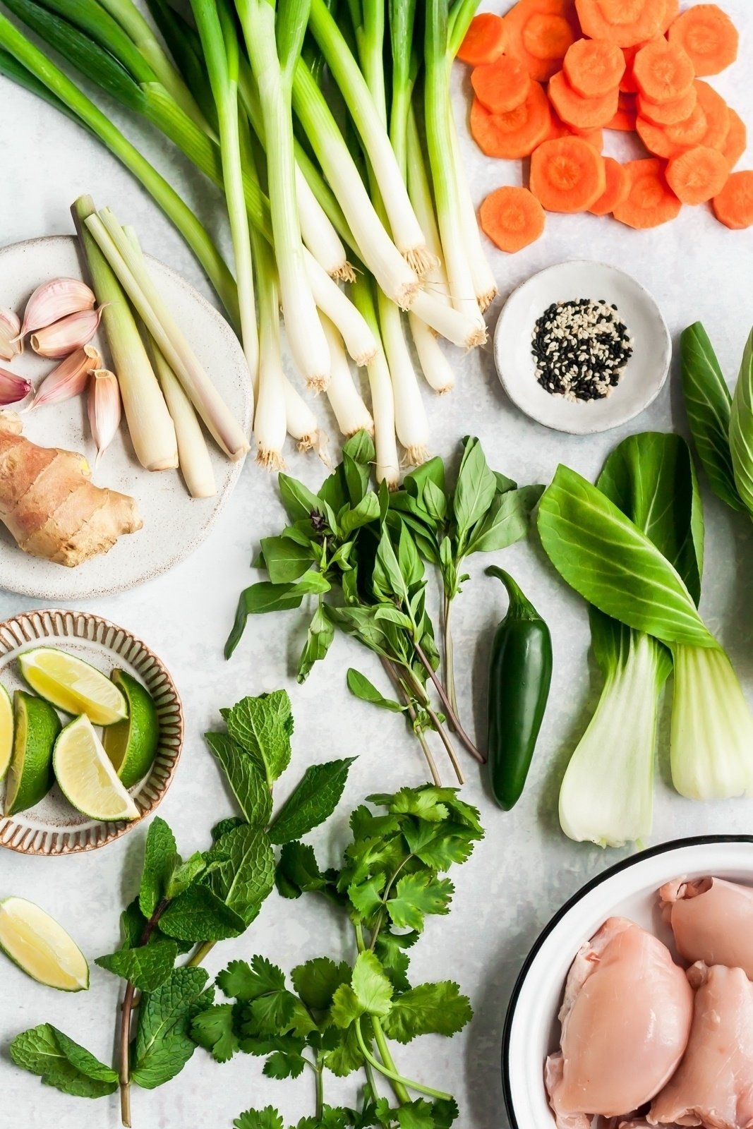 ingredients for a healthy asian chicken soup recipe on a gray surface