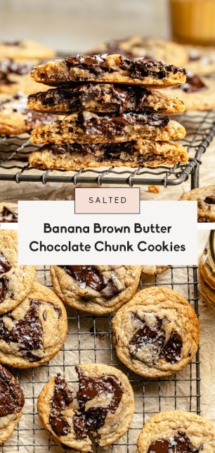 collage of brown butter banana chocolate chunk cookies