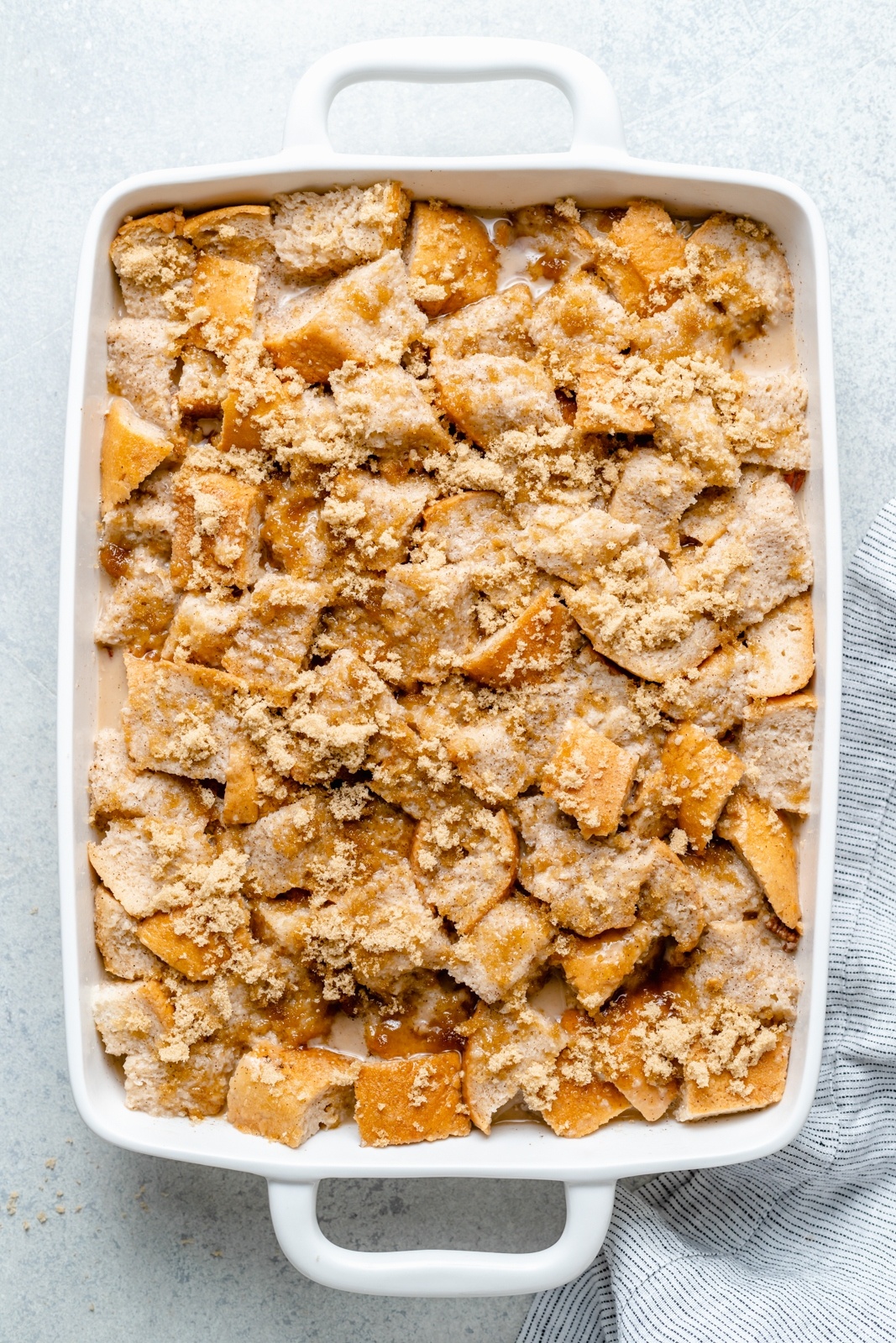 unbaked banana french toast bake in a pan