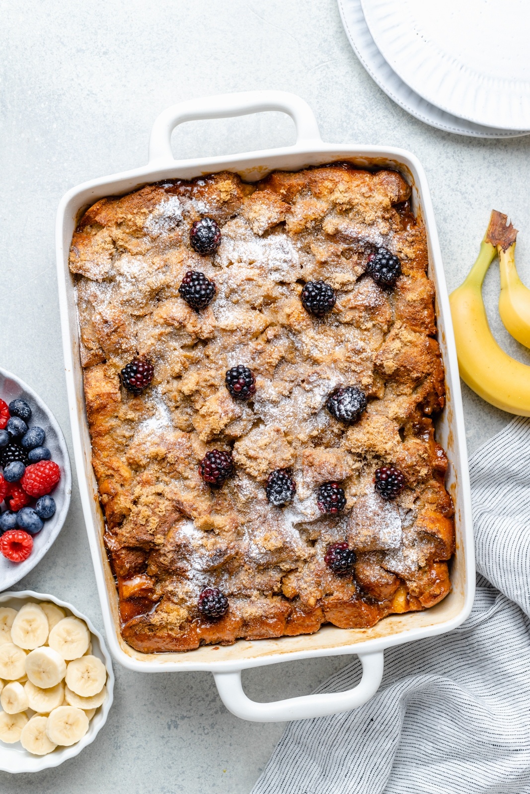 dairy free banana french toast casserole in a pan