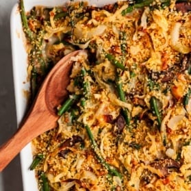 healthy green bean casserole in a baking dish