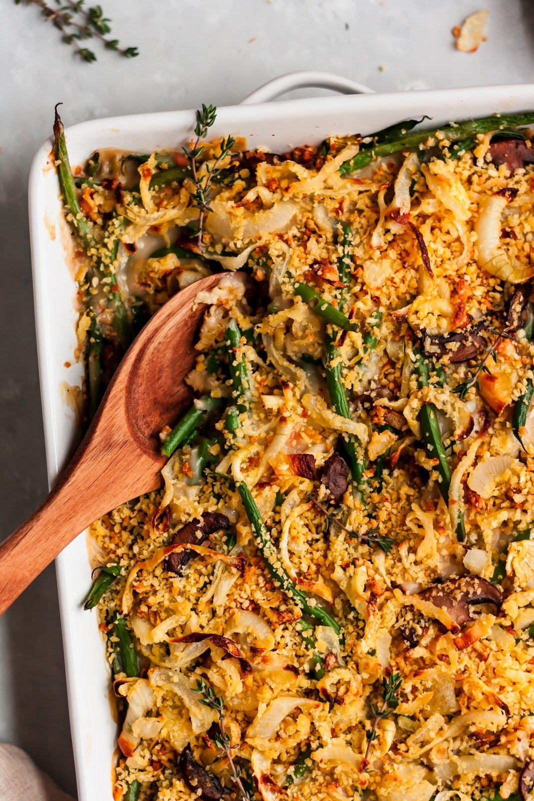 healthy green bean casserole in a baking dish