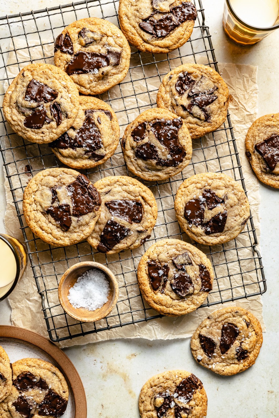 brown butter banana chocolate chunk cookies on a wire rack