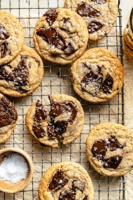 brown butter banana chocolate chunk cookies on a wire rack