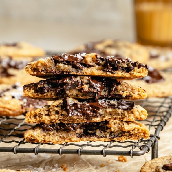 banana chocolate chip cookies halved in a stack