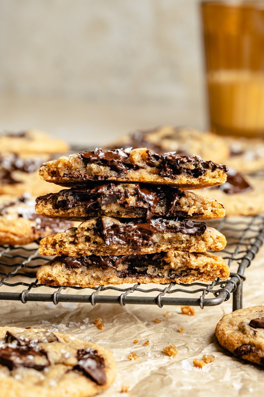 stack of halved brown butter banana chocolate chip cookies