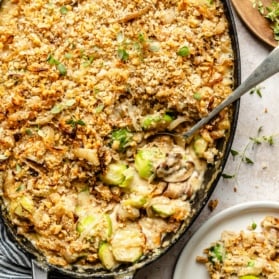 brussels sprouts gratin in a baking dish and on a plate