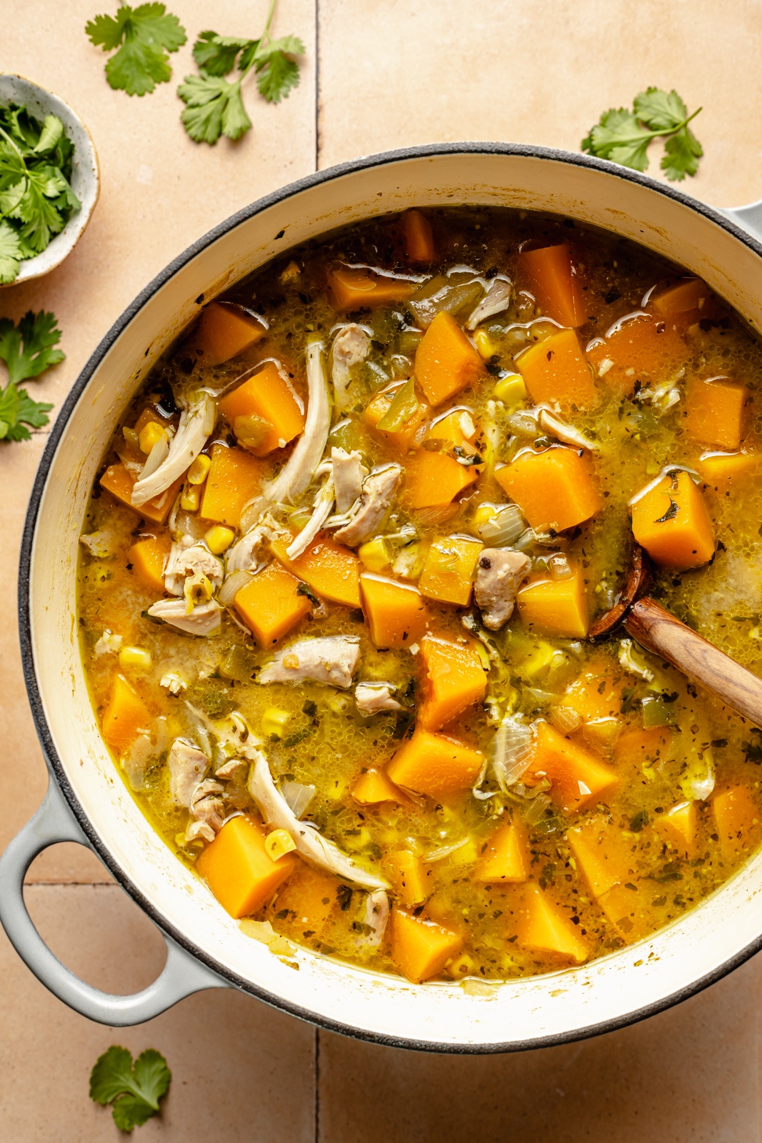 stirring green chile chicken soup with butternut squash in a pot