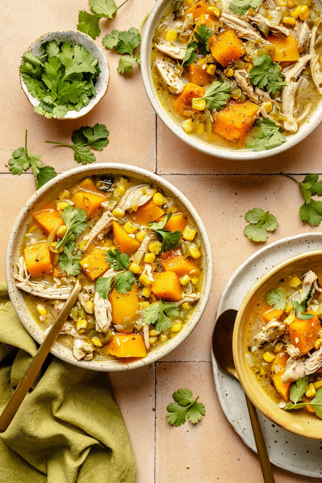 three bowls of butternut squash green chile chicken soup