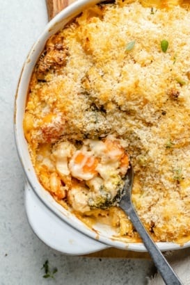 cheddar cauliflower broccoli gratin in a baking pan