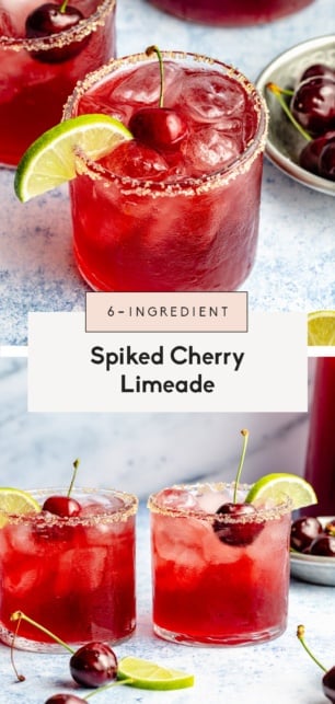 collage of a cherry lime cocktail