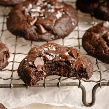 double chocolate chip cookie with a bite taken out