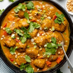 one pan chicken meatballs in pumpkin curry sauce