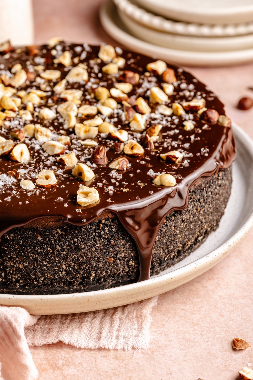 the best chocolate cheesecake topped with Nutella ganache and hazelnuts