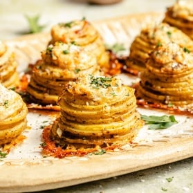 crispy potato stacks on a platter