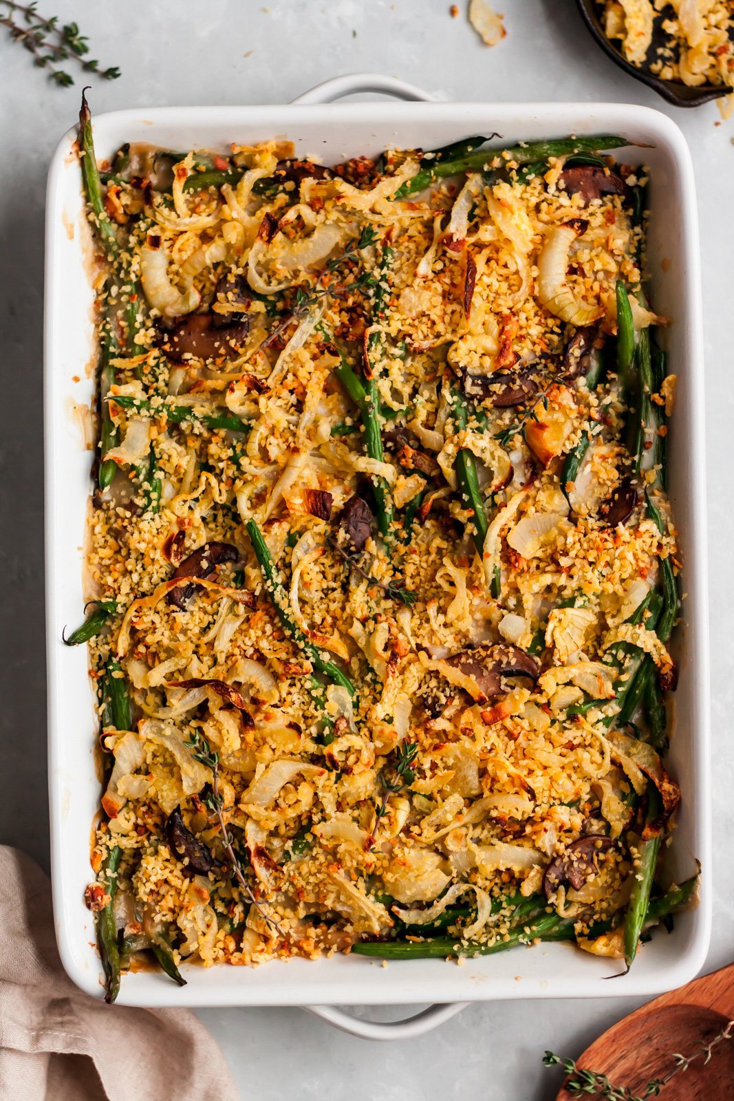 healthy green bean casserole in a baking dish