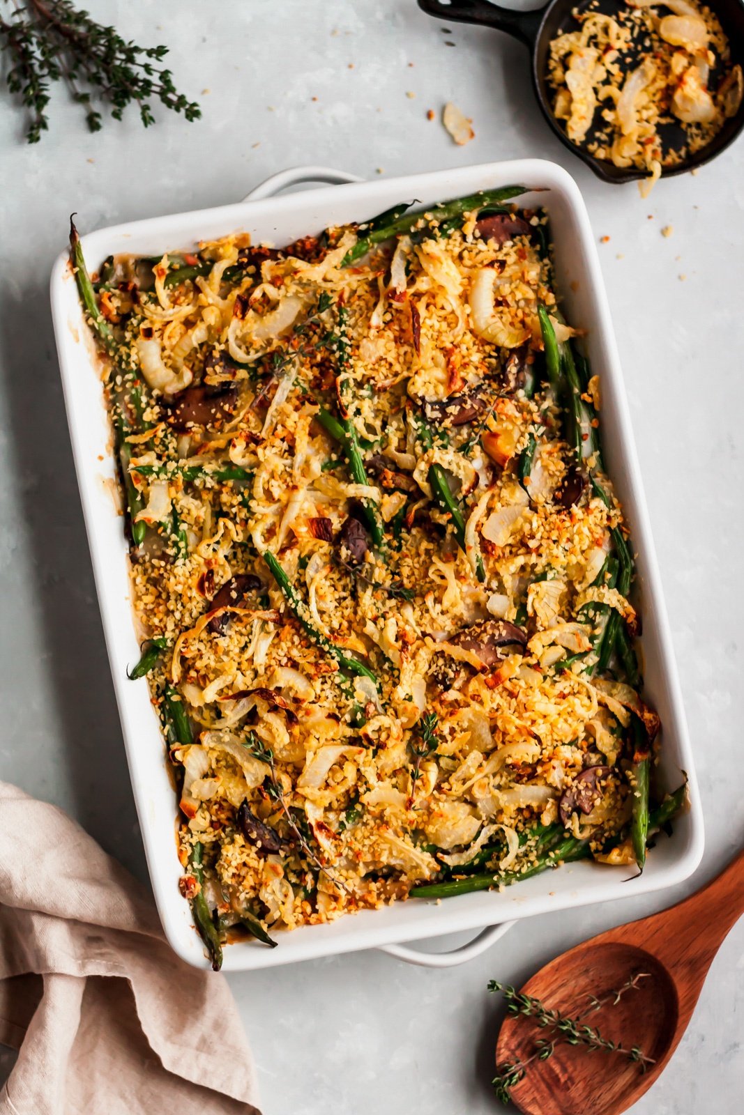 homemade healthy green bean casserole in a baking dish