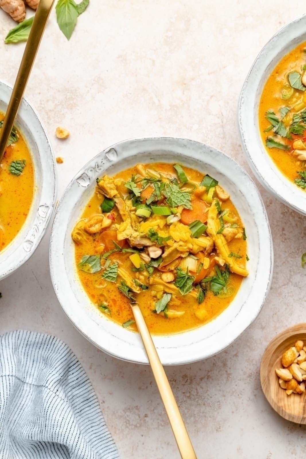 coconut chicken and rice soup in a bowl