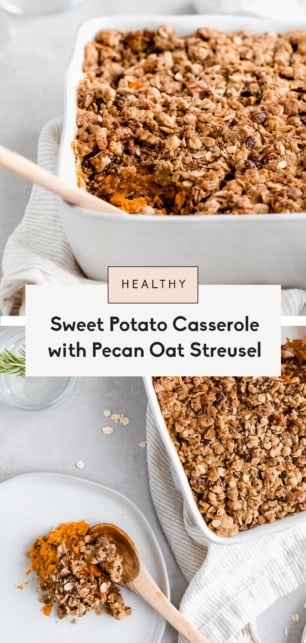 collage of healthy sweet potato casserole