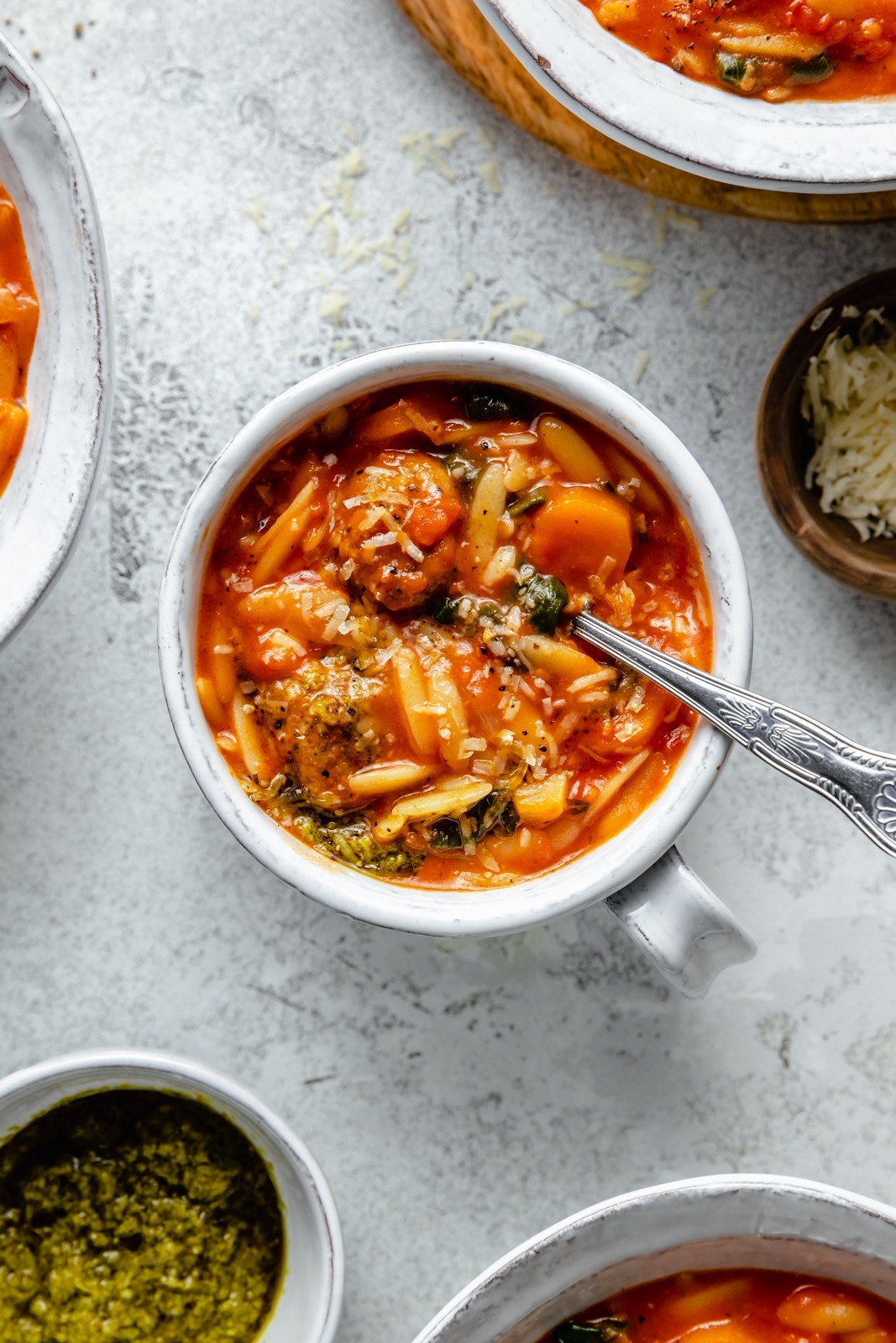 tomato orzo soup in a small bowl