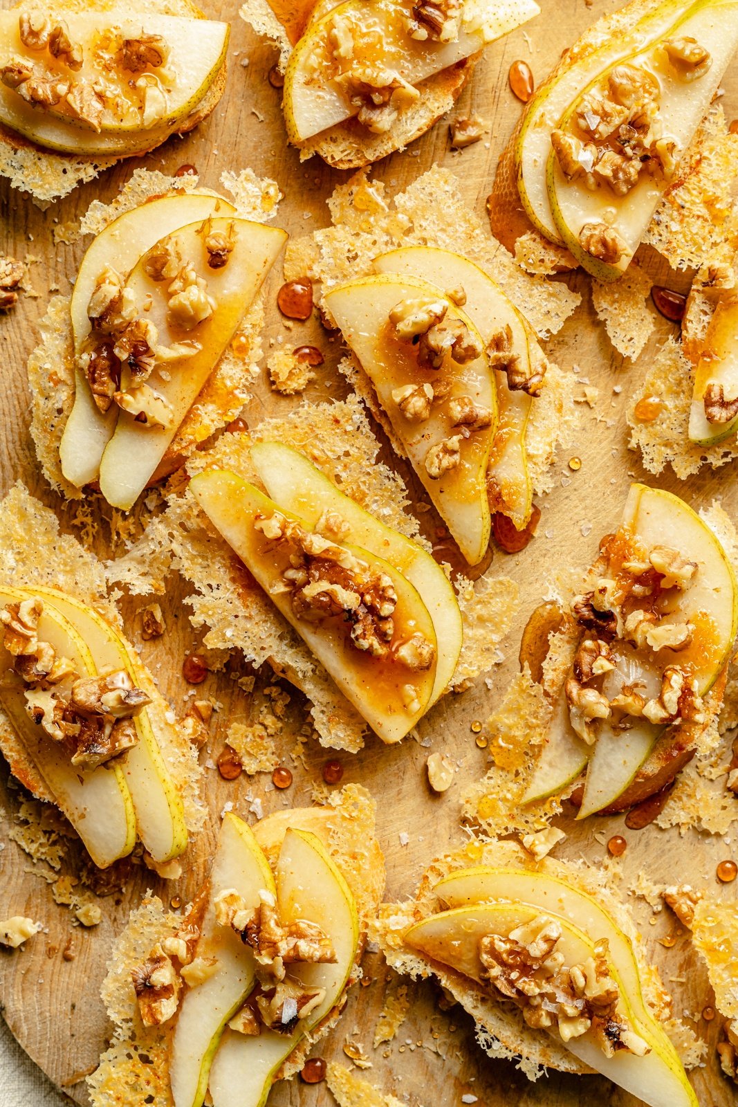 parmesan pear crostini with walnuts and honey