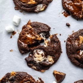 peanut butter cup s'mores chocolate cookie on parchment paper