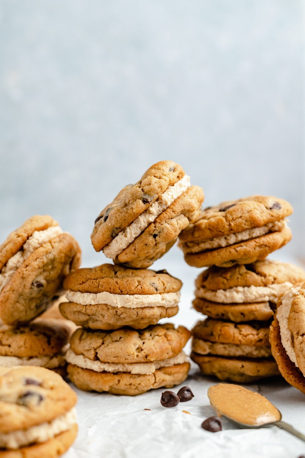 peanut butter sandwich cookies in stacks