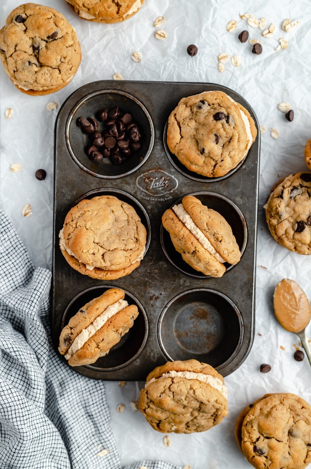 peanut butter sandwich cookies with chocolate chips in a pan