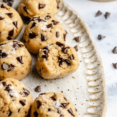 protein cookie dough bites on a platter