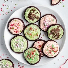 mint chocolate cookies with mint frosting on a plate