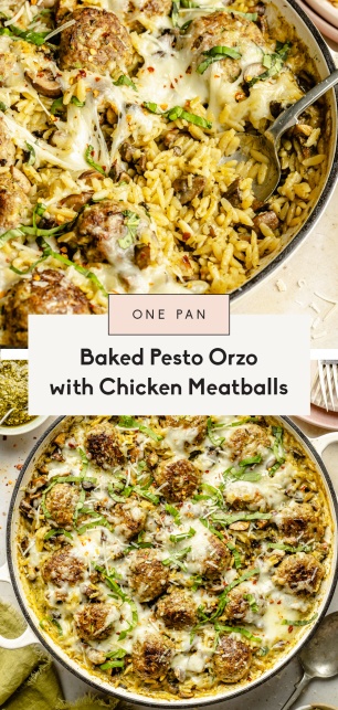 collage of pesto orzo with chicken meatballs