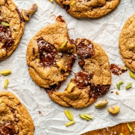 pistachio coffee chocolate chip cookie broken in half