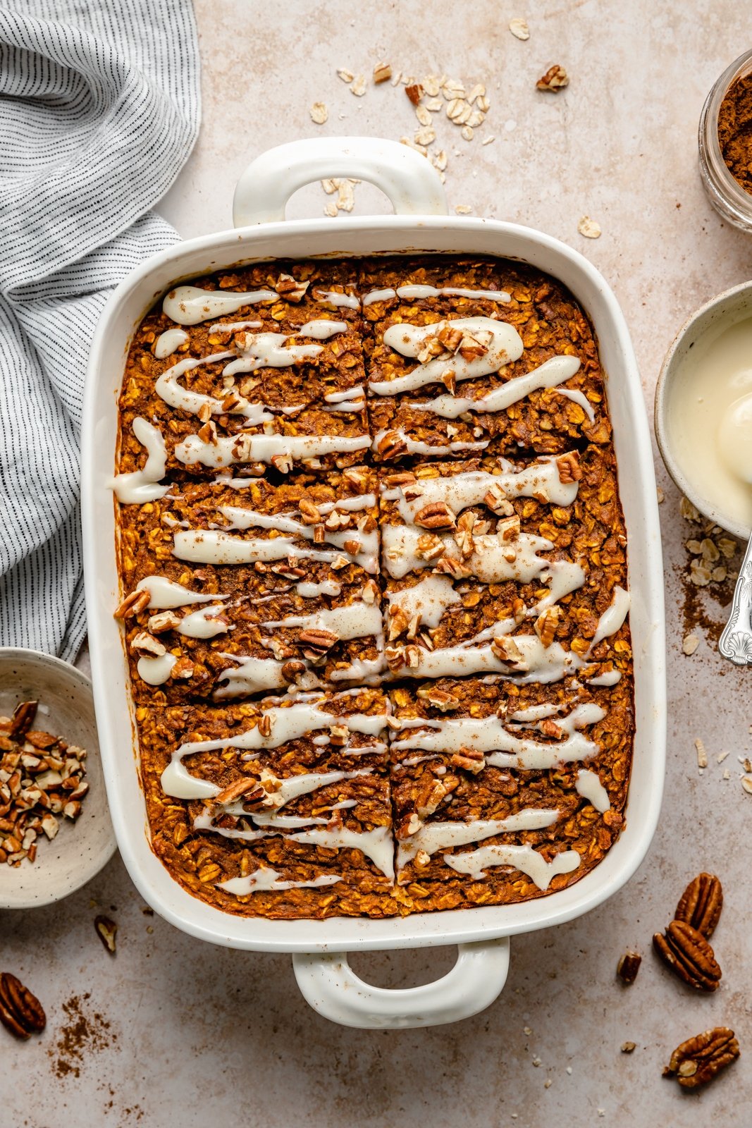 pumpkin oatmeal bake in a baking dish