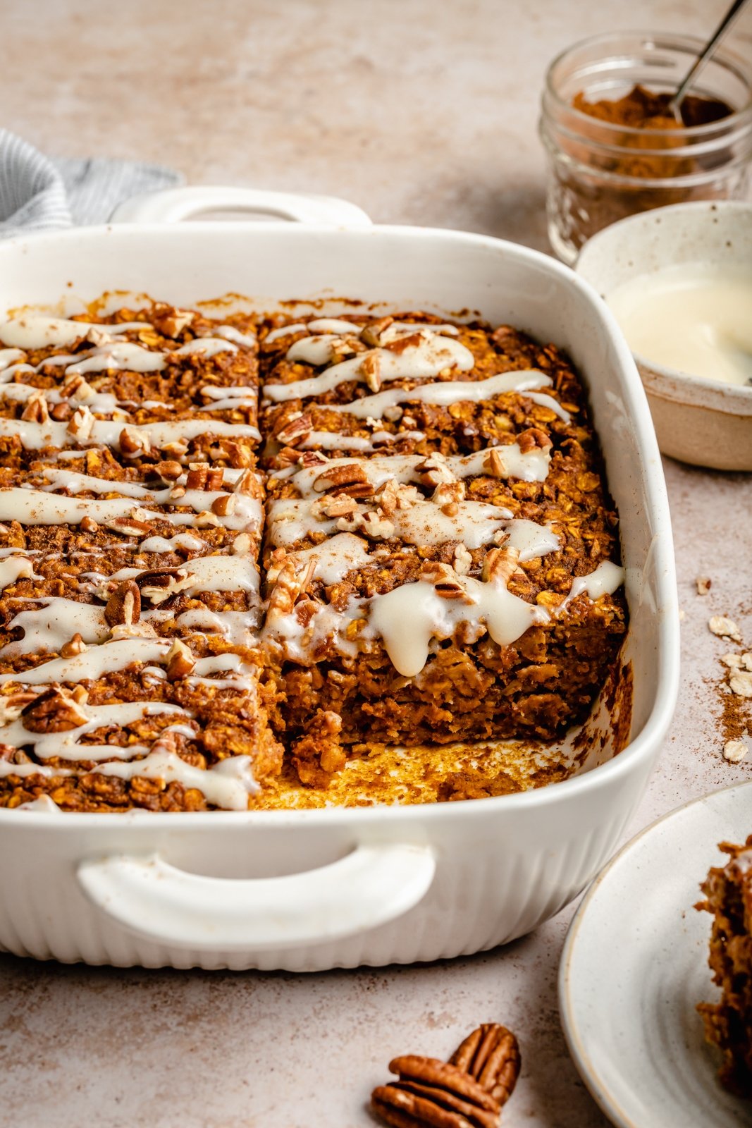 healthy pumpkin baked oatmeal in a dish