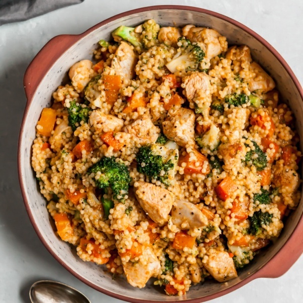 broccoli cheddar chicken couscous in a ceramic pot