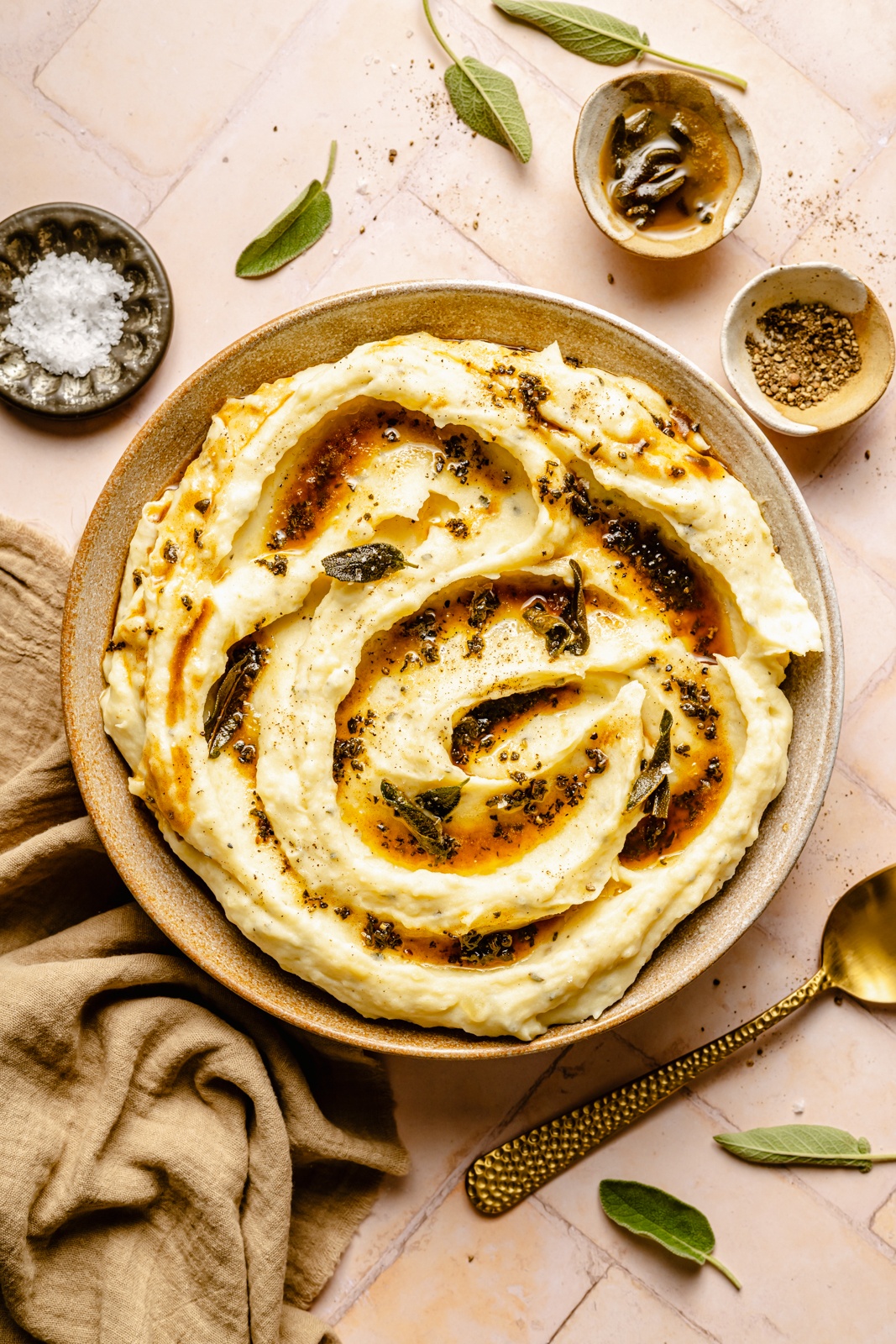 brown butter mashed potatoes in a serving bowl