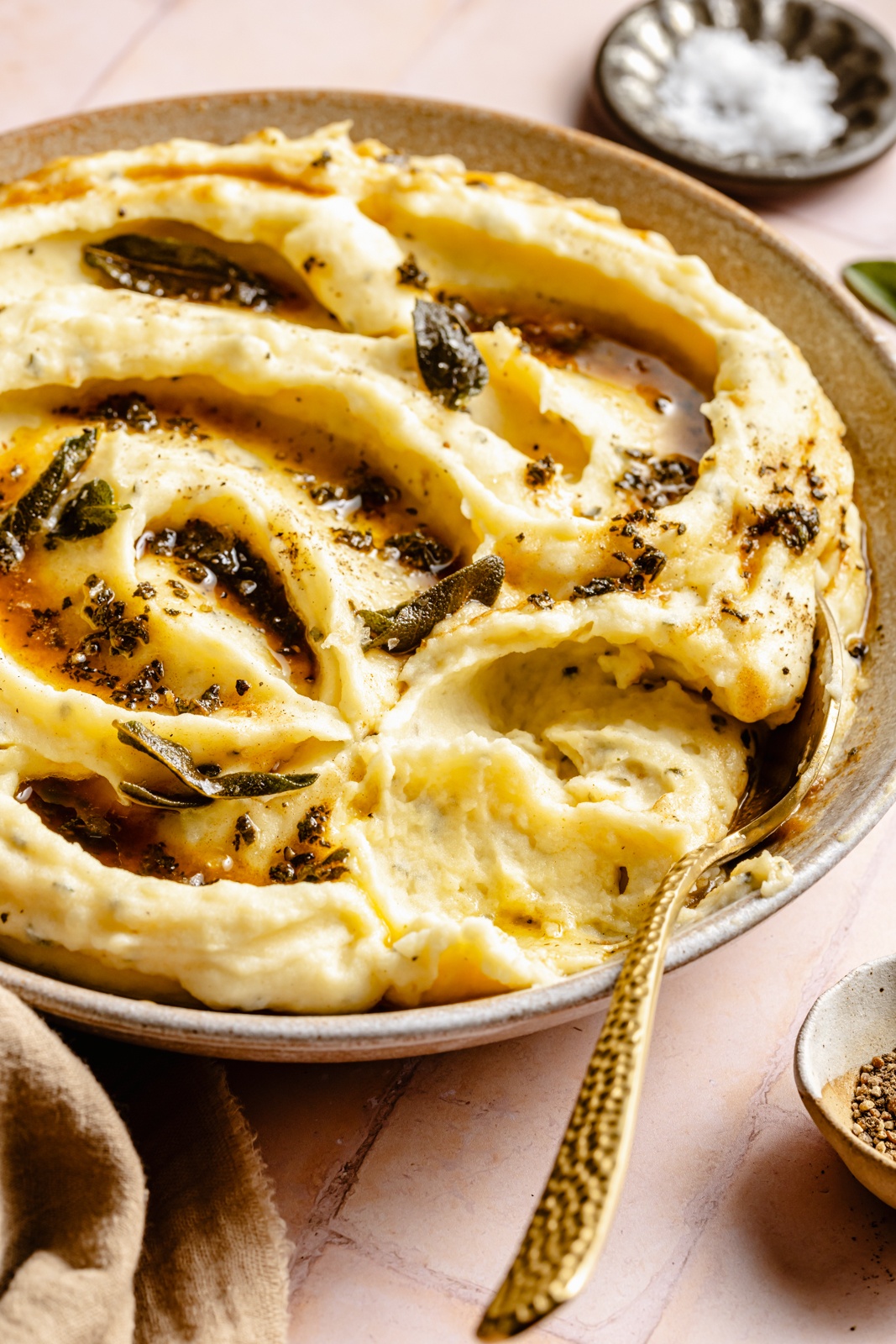 brown butter mashed potatoes in a serving bowl