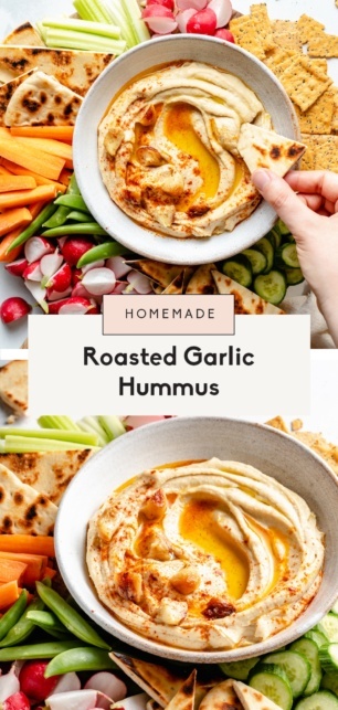 collage of a roasted garlic hummus recipe