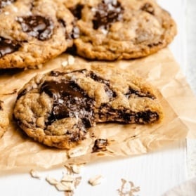 brown butter oatmeal chocolate chip cookie with a bite taken out