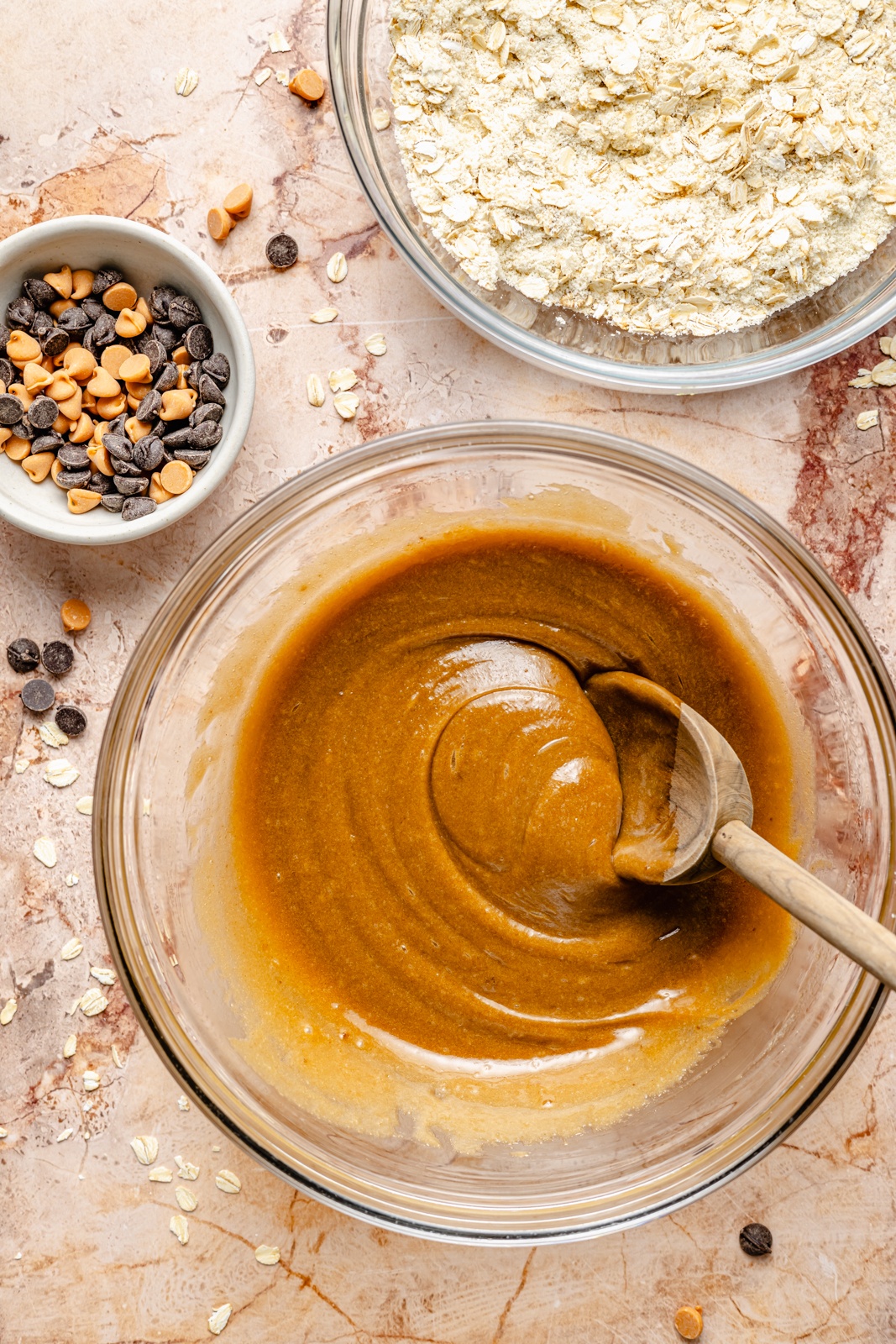 mixing wet ingredients for a butterscotch skillet cookie