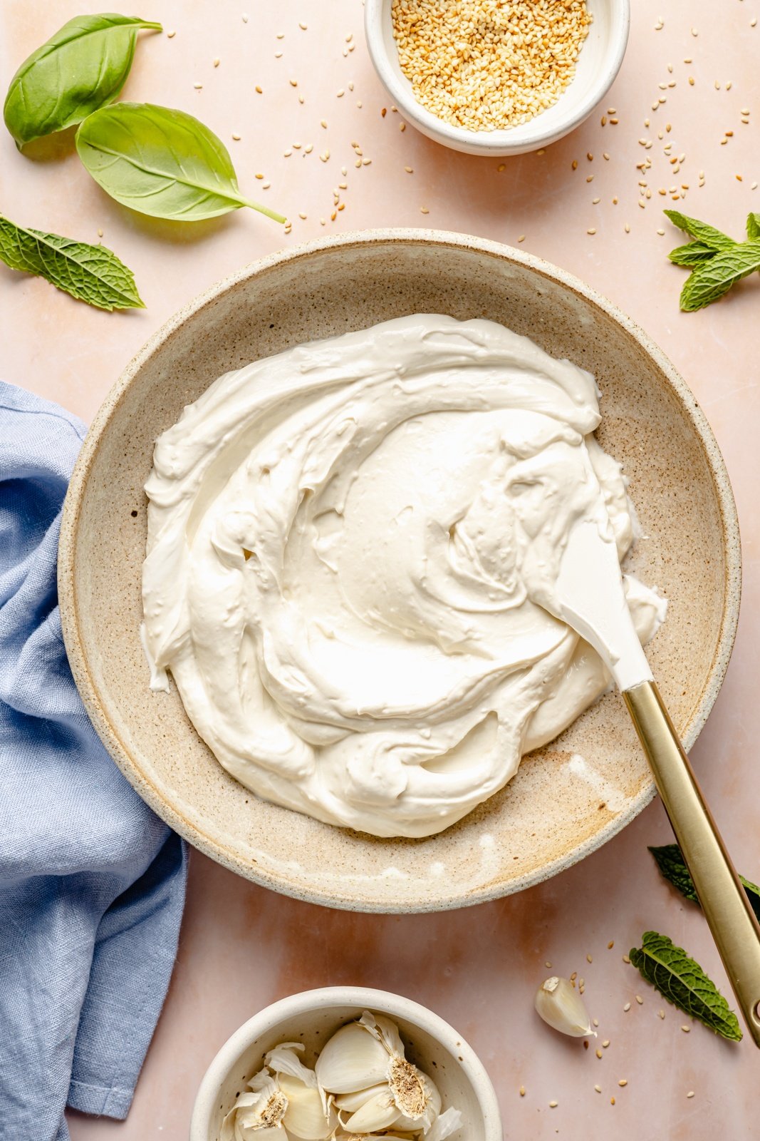 tahini garlic yogurt sauce in a bowl