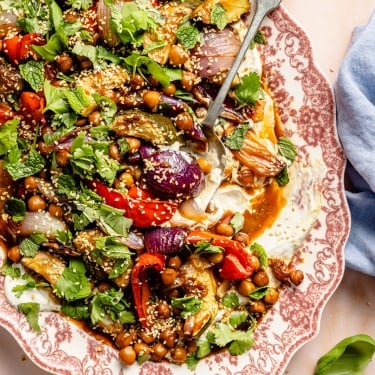 sesame roasted vegetables and chickpeas on a platter