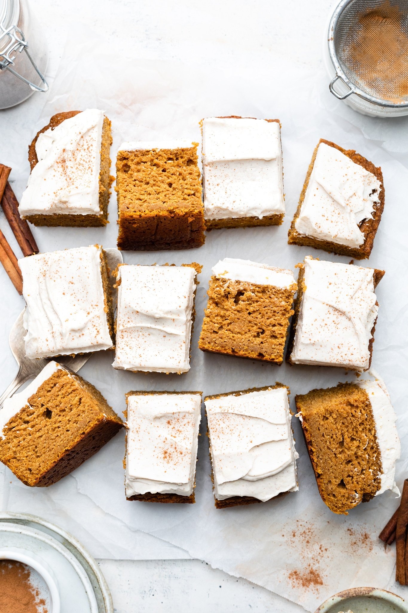 sliced healthy pumpkin cake on parchment paper