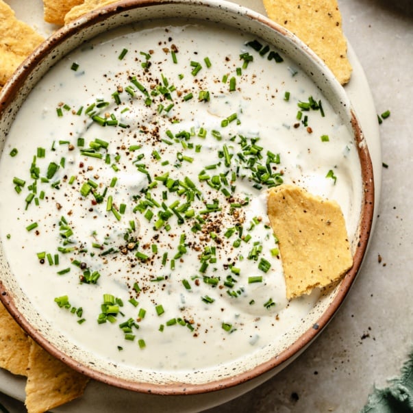 healthy sour cream and onion dip in a bowl with crackers