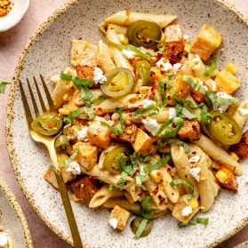 brown butter goat cheese pasta with butternut squash in a bowl